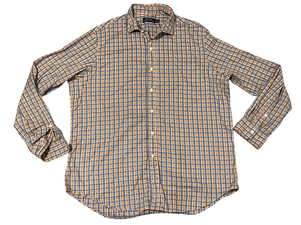 Polo Ralph Lauren Shirt Mens XL Orange Blue Plaid Button Up Long Sleeve Casual